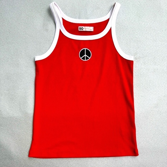 SO Tops - SO Goods For Life Women’s Embroidered Peace Sign Ribbed Red Fitted Tank Top S